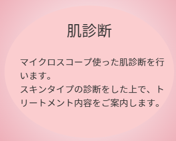 マイクロスコープ使った肌診断を行います。 スキンタイプの診断をした上で、トリートメント内容をご案内します。